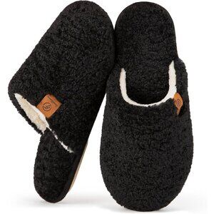 Women's Carbon Black Fuzzy Slip-on Slippers Warm Cozy Soft Lightweight Foam